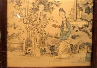 Set of 2 Grisaille Style Asian Ink Drawings Framed In Matching Latice Cutout Woo